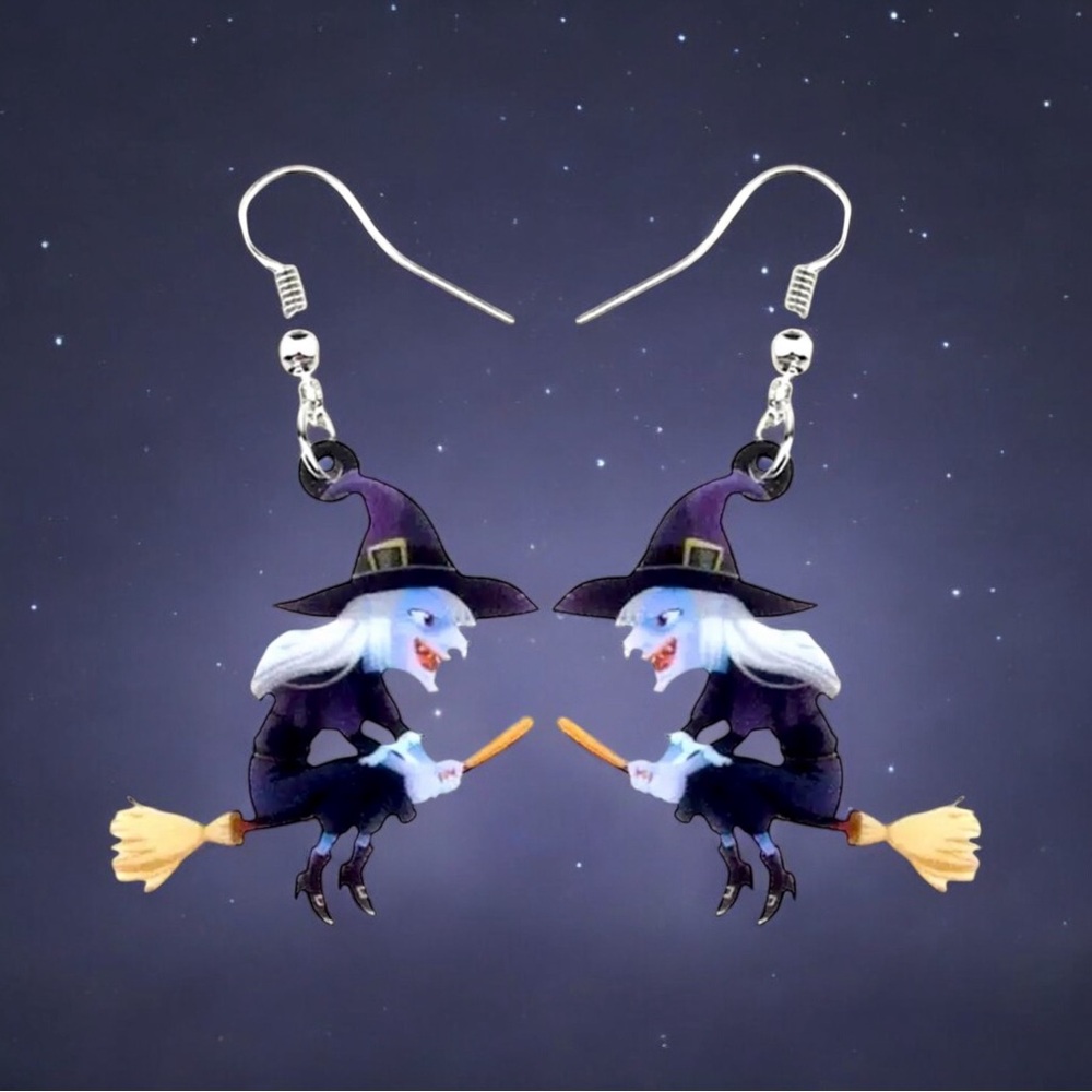 Cartoon Broomstick Witch Acrylic Earrings For Halloween Party Decor Gothic Style